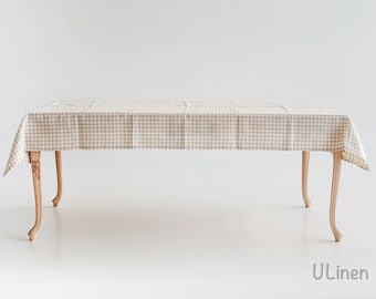 Beige Linen Tablecloth in Cages (140x250 cm / 55x100")