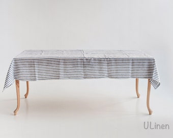Striped Linen Tablecloth in Blue Color (140x250 cm / 55x100")