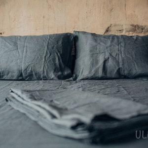 Linen Flat Sheet in Basalt Grey (Charcoal, Black) color. Stone washed, softened linen bedding. Custom size, King, Queen, Twin