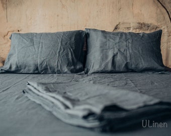 Sábana encimera de lino en color gris basalto (carbón, negro). Ropa de cama de lino lavada a la piedra y suavizada. Tamaños personalizados: King, Queen y Twin.
