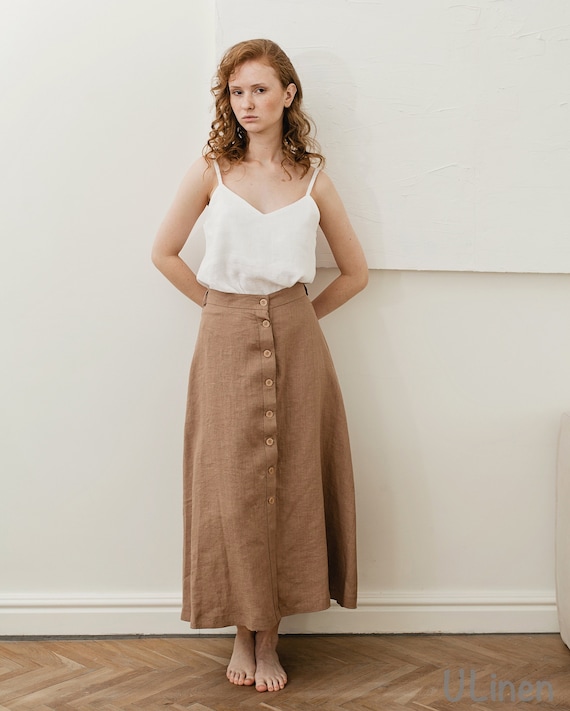 Linen Maxi Skirt, Button Down Linen Skirt, Brown Skirt
