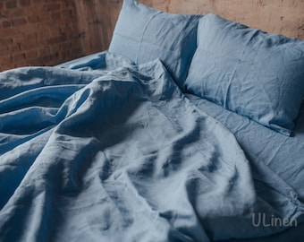Linen Duvet Cover in Brilliant Blue (Sky, Powder Blue) color. Stone washed, softened linen bedding. Custom size, King, Queen, Twin