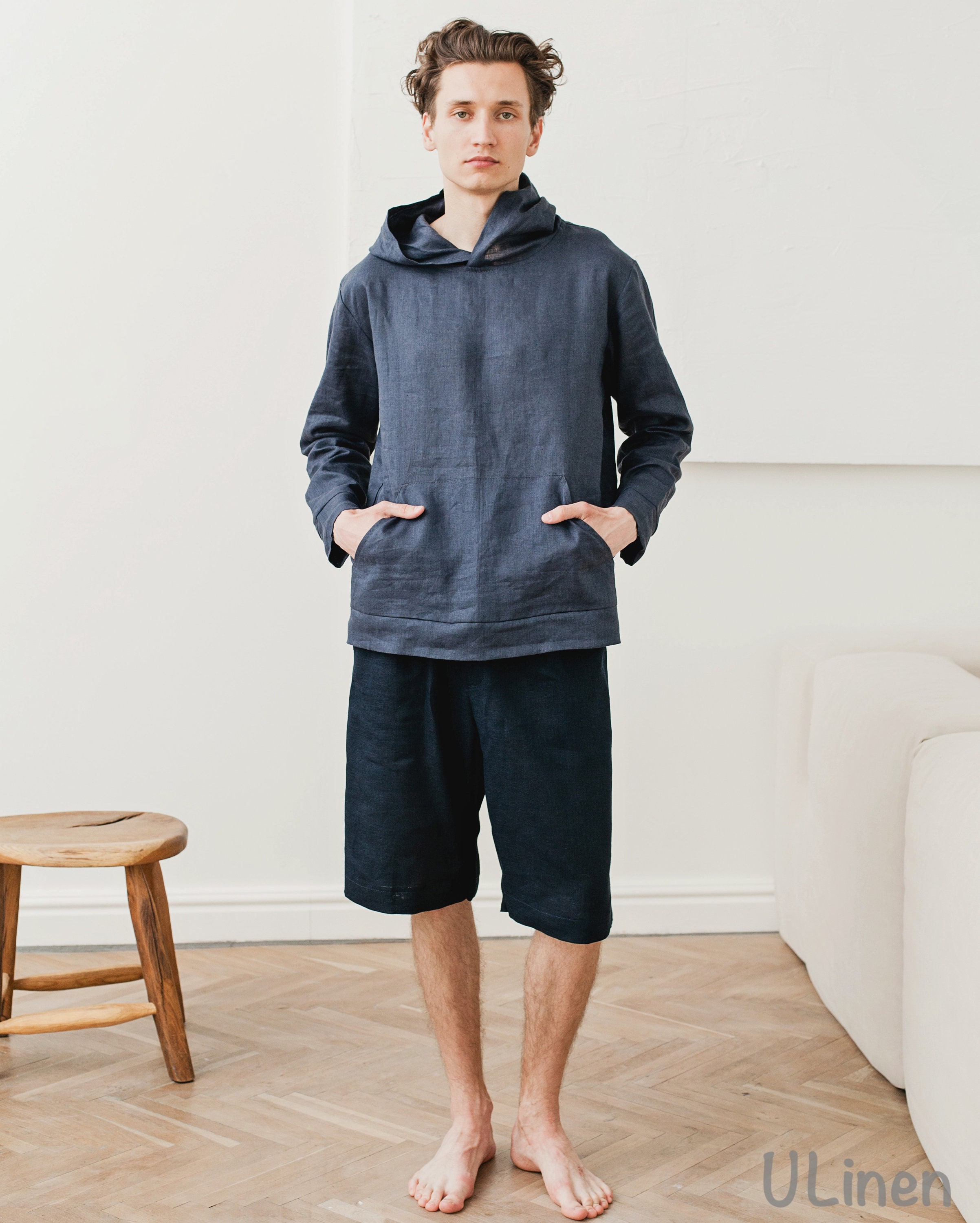 Casual Loose Men’s Linen Hoodie in White, Green, Blue, Beige color. 100% Linen, stonewashed, softened
