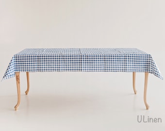Light Blue Linen Tablecloth in Cages (140x250 cm / 55x100")