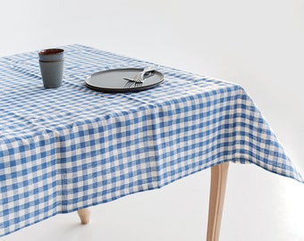 Сheckered Light Blue Linen Tablecloth (140x250 cm / 55x100")