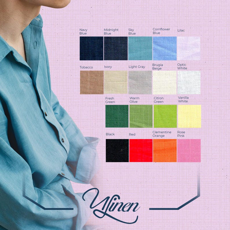 Op de afbeelding: Een lichtblauw linnen overhemd met een kleurenpalet met verschillende stoffen, waaronder Marineblauw, Rood en Roze. De merknaam "Ylinen" staat onderaan.