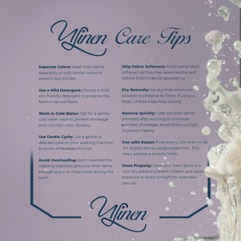 Op de afbeelding: Een lavendelkleurige afbeelding met de tekst "Ylinen Care Tips" en wasvoorschriften voor linnen items. De tips omvatten apart wassen, mild wasmiddel gebruiken, wassen in koud water en het vermijden van wasverzachters.