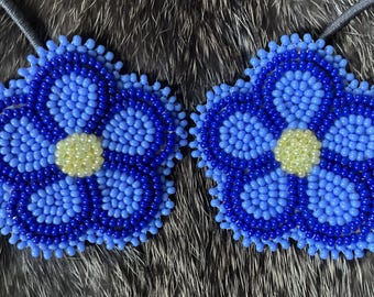Blue and Periwinkle Metis Hand Beaded Flower Hair Band Ties - Matching Set of 2