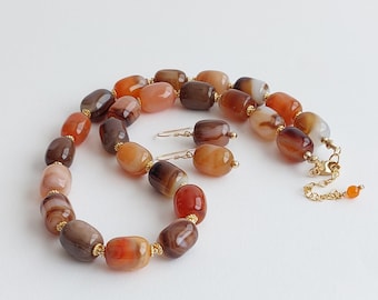 14k Gold Filled Red/Brown Agate Necklace and Earrings set