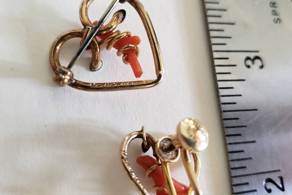 Victorian Gold and Coral Heart Pin & Earrings ~ D… - image 4