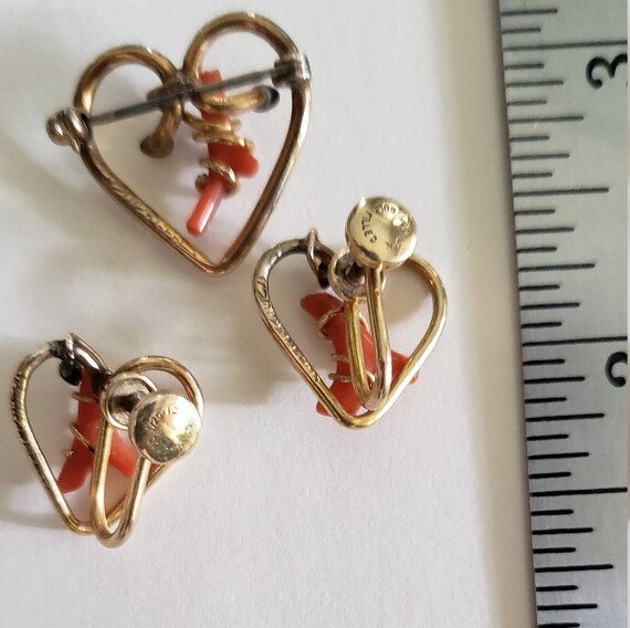 Victorian Gold and Coral Heart Pin & Earrings ~ D… - image 5