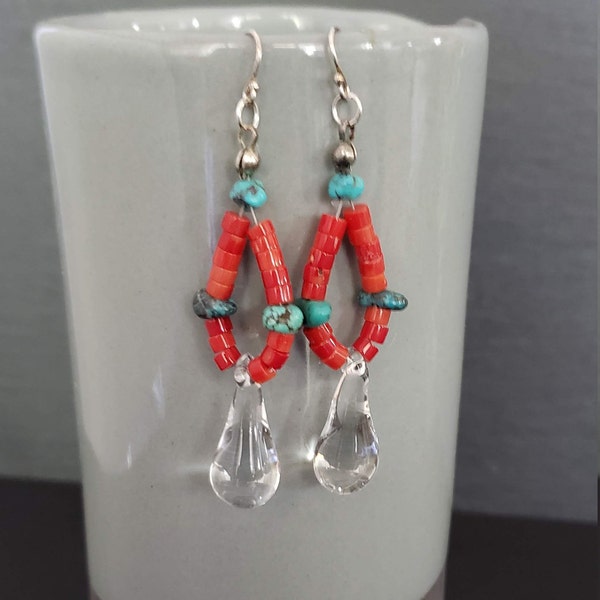 Jacla Style Earrings ~ Coral Heishi ~Turquoise ~ Glass Tear Drop