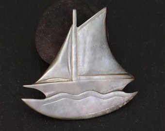 Vintage French Depose Carved Mother of Pearl Sailboat Pin