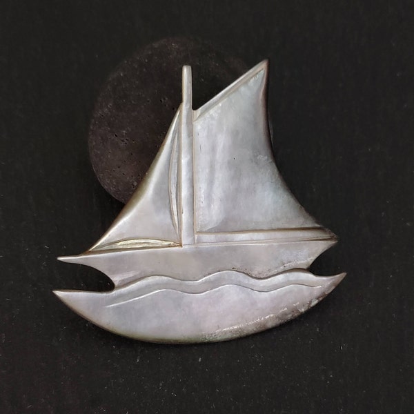 Vintage French Depose Carved Mother of Pearl Sailboat Pin