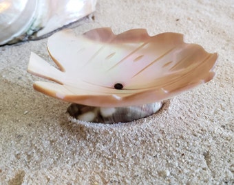 Antique Carved Green Turbo Shell Bowl Leaf Motif