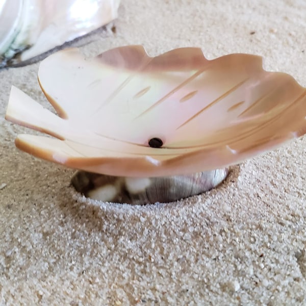 Antique Carved Green Turbo Shell Bowl Leaf Motif