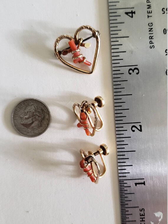 Victorian Gold and Coral Heart Pin & Earrings ~ D… - image 3