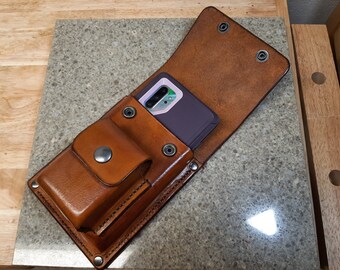 Large Heavy Duty Leather Cell Phone Holster for Iphone or Samsung Galaxy with Credit Card and ID Holder and front pouch