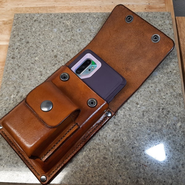 Large Heavy Duty Leather Cell Phone Holster for Iphone or Samsung Galaxy with Credit Card and ID Holder and front pouch