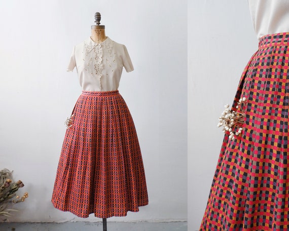 1950s Vintage Gingham Plaid Full Skirt // circle s