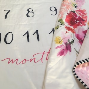 Baby girl pink floral milestone quilt-Floral Monthly Growth Blanket quilt-Baby shower gift- Minky milestone quilt