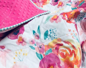 Baby girl pink floral quilt-Toddler quilt-Whole cloth quilt baby-Modern baby quilt-Light weight blanket quilt-Minky quilt