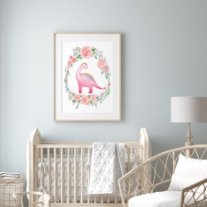 Pink dinosaur art printed poster. Baby girl dino nursery, kid room dino decor, brontosaur wall art, twin room poster. Cute watercolor print.