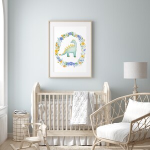 Teal dinosaur print, cute dino print, kids dino wall art, stegasaurus art, blue dino decor, nursery decor, flowers and dinosaur print