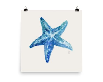 Starfish poster print, starry sky wall art, sea creature illustration, galaxy sea print, square beach house decor, costal vacation decor