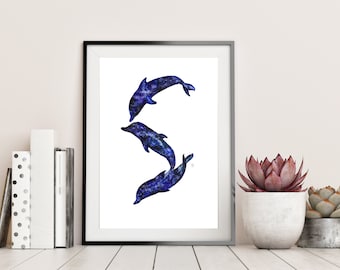 Dolphin Galaxy printable poster. Space and ocean inspired art. Nautical decor. Celestial art for office, journal cover, nursery, kids room.