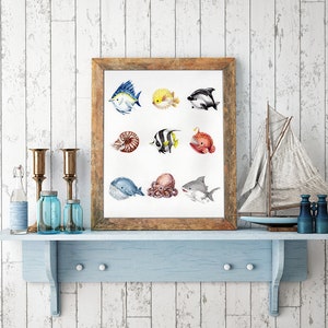 Sea creature printable, beach kids room decor, ocean animal digital download, little sea, cute sea art, baby dolphin, nautical nursery art