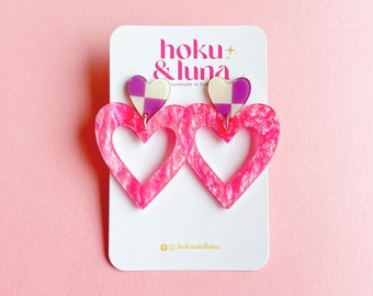 Pink Love Heart, Resin Earrings, Handmade Earrings, Funky Jewellery, Special Gift For Her, Colourful Earrings