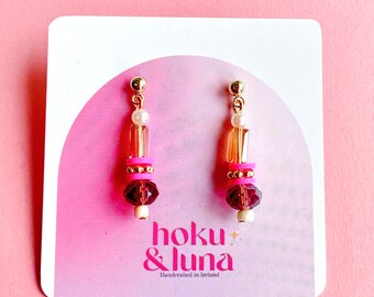 Handmade Pink Beaded Drop Earrings Upcycled Jewellery, Handmade Earrings, Gift For Her