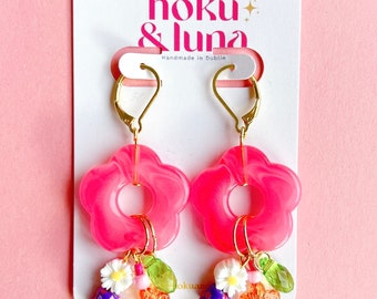 Pink Flower Dangle Earrings, Mixed Material, Beautiful Earrings, Recycled Beads, Handmade Earrings, Special Gift For Her