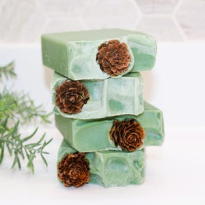 May include: Four stacked green soap bars, each with a brown pinecone embedded in the front. The soaps have a textured appearance and are arranged on a white surface. The overall aesthetic is natural and rustic.