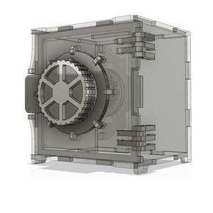 May include: A clear plastic model of a safe with a metal dial and a door that opens. The safe is designed to be a decorative piece.