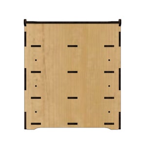 May include: A wooden box with a light brown finish and black trim. The box has multiple slots for storing items.