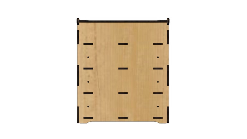 May include: A wooden box with a light brown finish and black trim. The box has multiple slots for storing items.