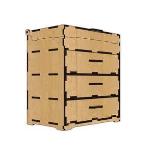 May include: A wooden chest with four drawers. The chest is made of light brown wood and has black trim. The drawers are all closed.