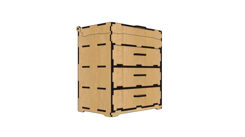 May include: A wooden chest with four drawers. The chest is made of light brown wood and has black trim. The drawers are all closed.