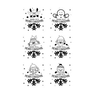 May include: Six black and white illustrations of Christmas characters with snowflakes. Each illustration features a different character, including a reindeer, a gingerbread man, a Father Christmas, an elf, and a snowman. Each illustration includes the text "Wishing you a Merry Christmas".