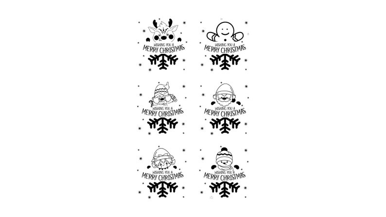 May include: Six black and white illustrations of Christmas characters with snowflakes. Each illustration features a different character, including a reindeer, a gingerbread man, a Father Christmas, an elf, and a snowman. Each illustration includes the text "Wishing you a Merry Christmas".