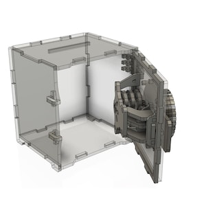 May include: A clear acrylic box with a hinged door and a complex mechanical lock. The door is open, revealing the interior of the box.