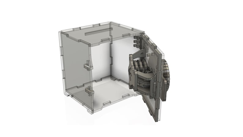 May include: A clear acrylic box with a hinged door and a complex mechanical lock. The door is open, revealing the interior of the box.