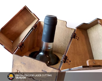 Pudełko upominkowe na butelkę wina 0,75L. 3 mm, 1/8 cala, 4 mm, 4,5 mm, 5 mm. Pliki wycinane laserowo SVG, PDF, CDR Produkt cyfrowy