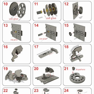 May include: A 30-step assembly instruction diagram for a wooden safe with a combination lock. The diagram shows the individual parts of the safe and how to assemble them. The safe is made of wood and has a metal lock. The instructions include the use of glue and the dimensions of some of the parts. The instructions also include a warning to not rush to close the safe and to compute the code first. The instructions also state that all parts that rub against each other must be treated with paraffin.