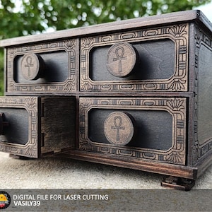 Commode 00255 - Boîte en bois découpée au laser - Mini organiseur d'armoire de style égyptien - Téléchargement numérique