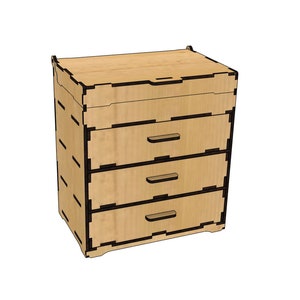 May include: A wooden dresser with four drawers and a top lid. The dresser is light brown with black trim.