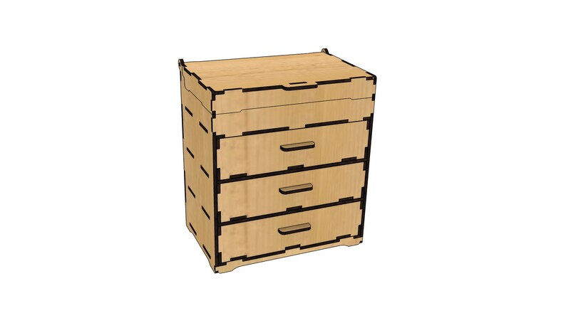 May include: A wooden dresser with four drawers and a top lid. The dresser is light brown with black trim.