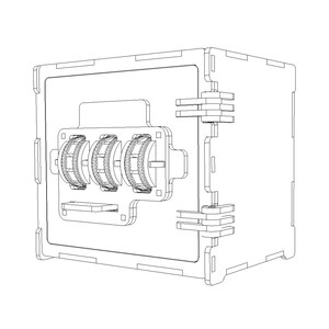 May include: A line drawing of a safe with a combination lock. The safe has a rectangular shape with a door that opens to the side. The combination lock has three dials with numbers on them.